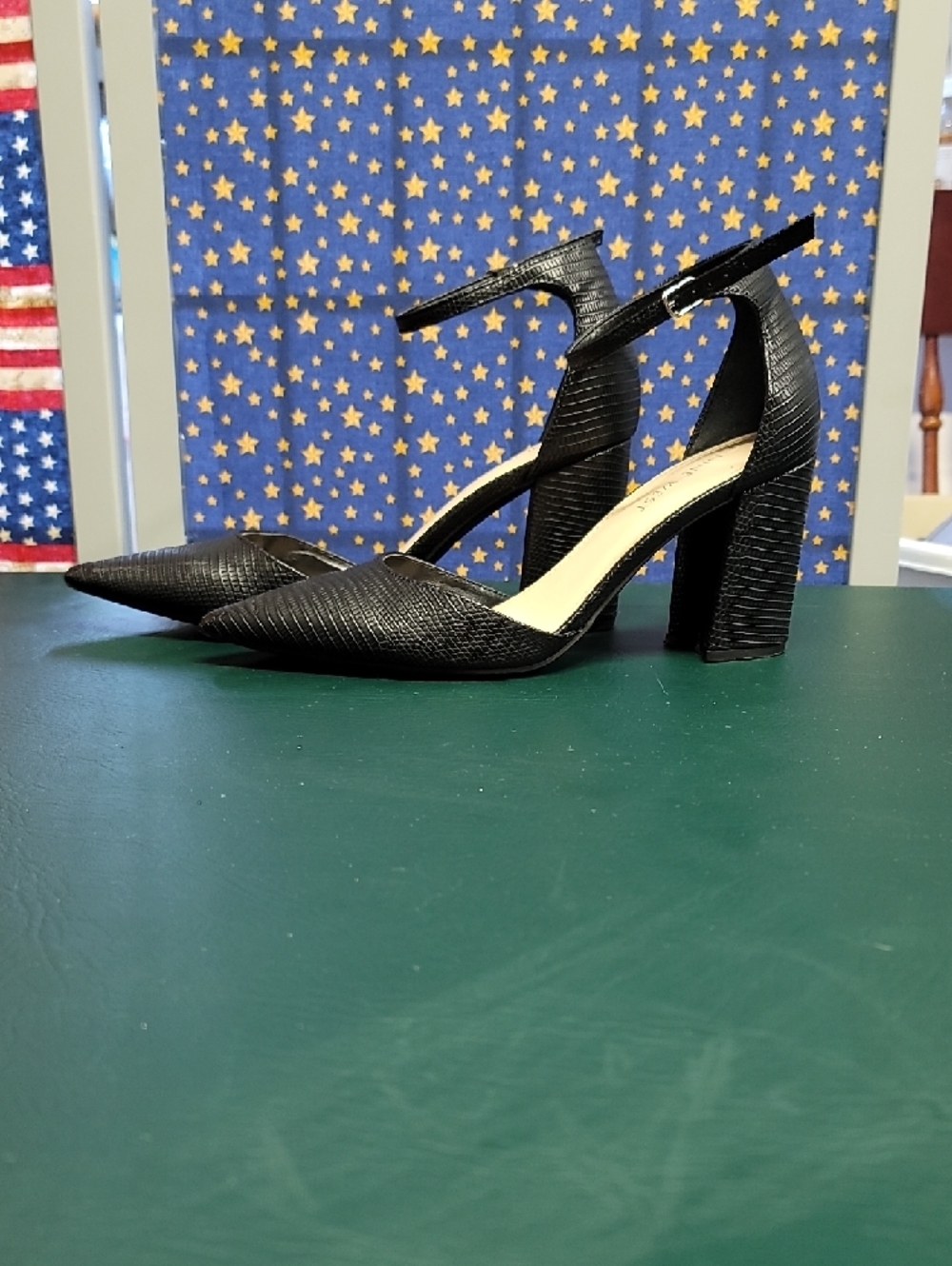Nine West Black Textured Pointed-Toe Ankle-Strap Heels - Picture 2 of 4